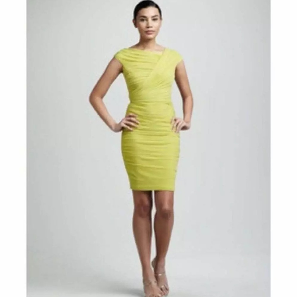Tadashi Shoji Chartreuse Ruched Tulle Body Con Dress Sz. M